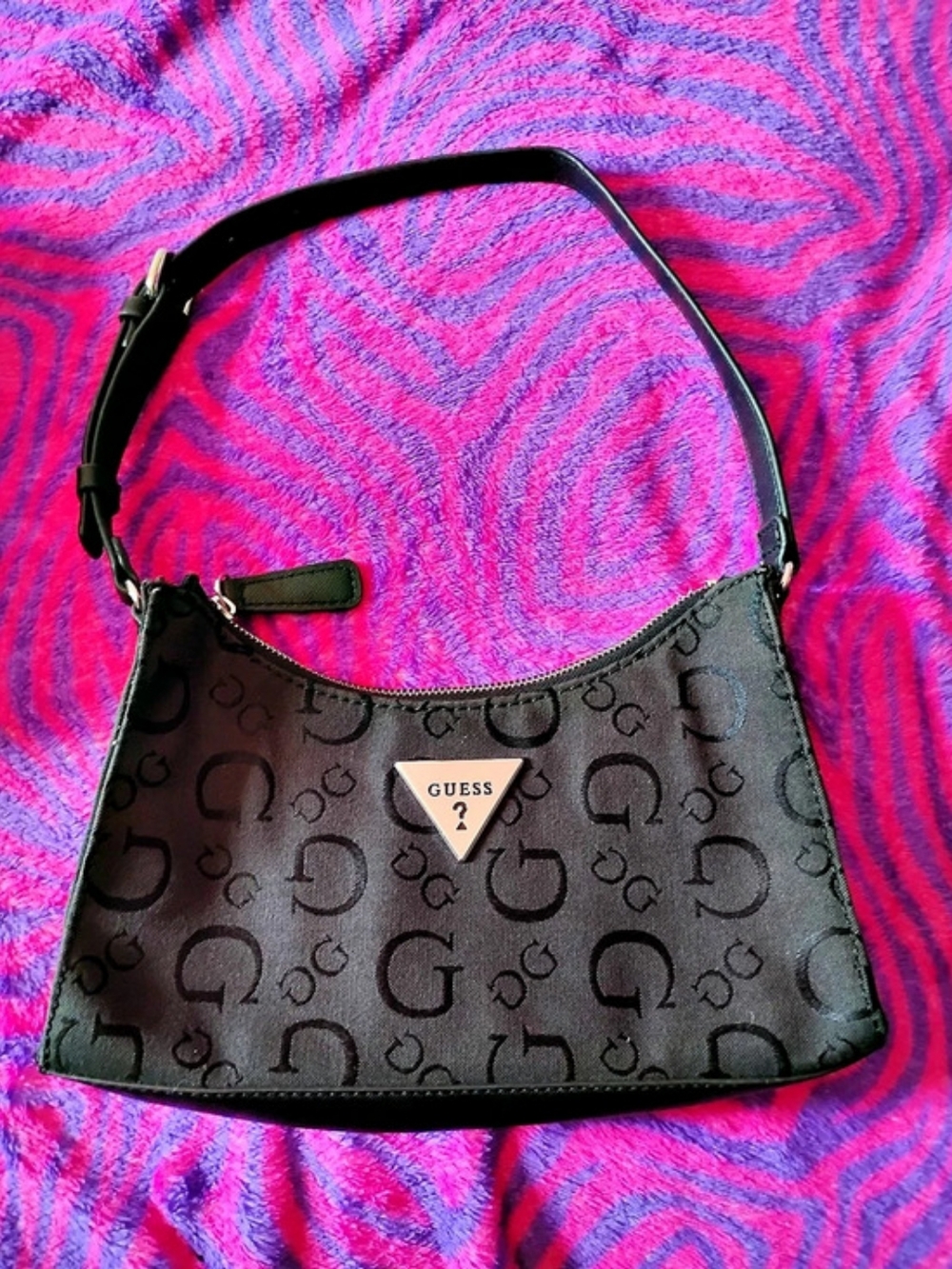 GUESS Vintage Monogram Nylon Shoulder Bag Black & Pink